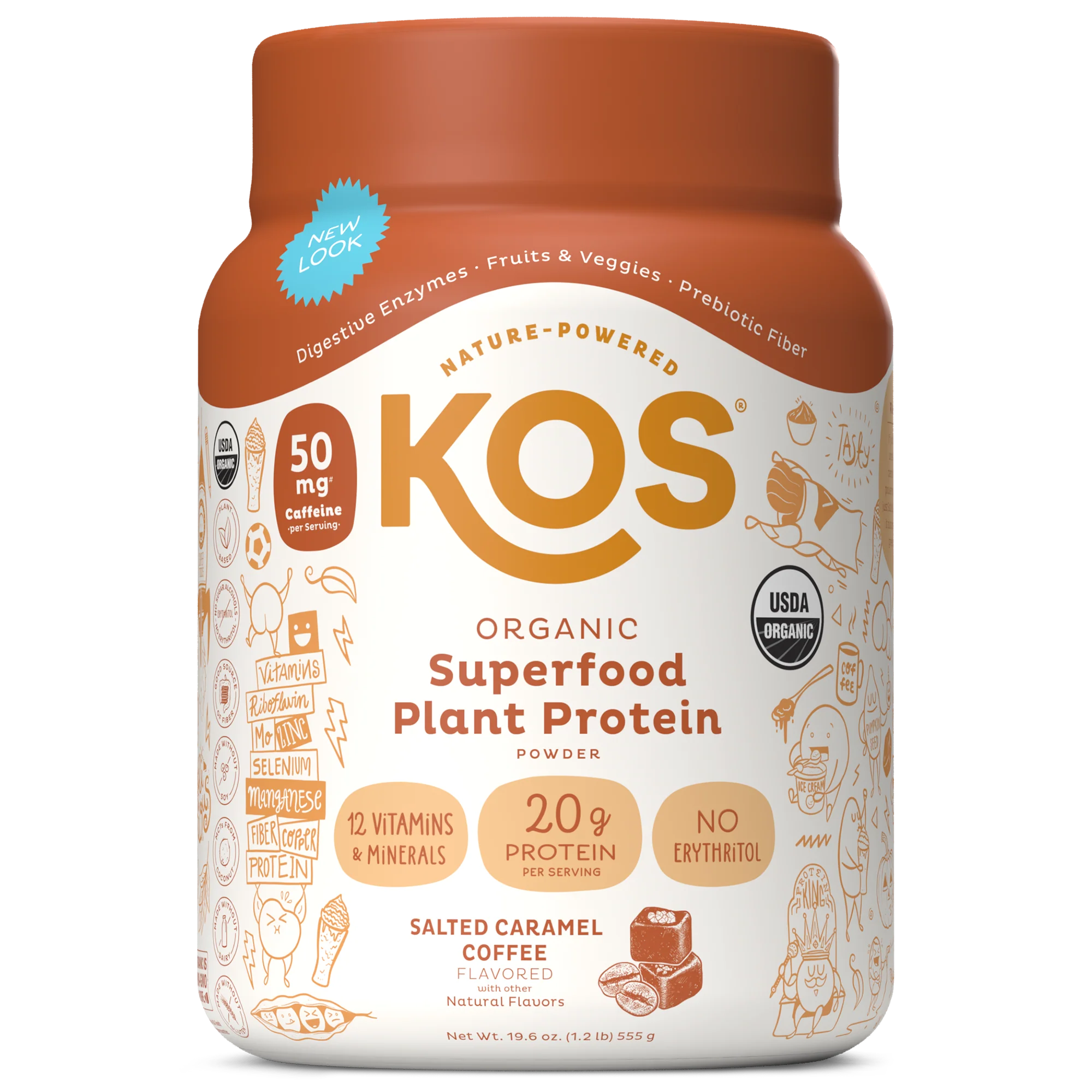 KOS Organic Plant Protein, Salted Caramel Coffee, 15 Servings